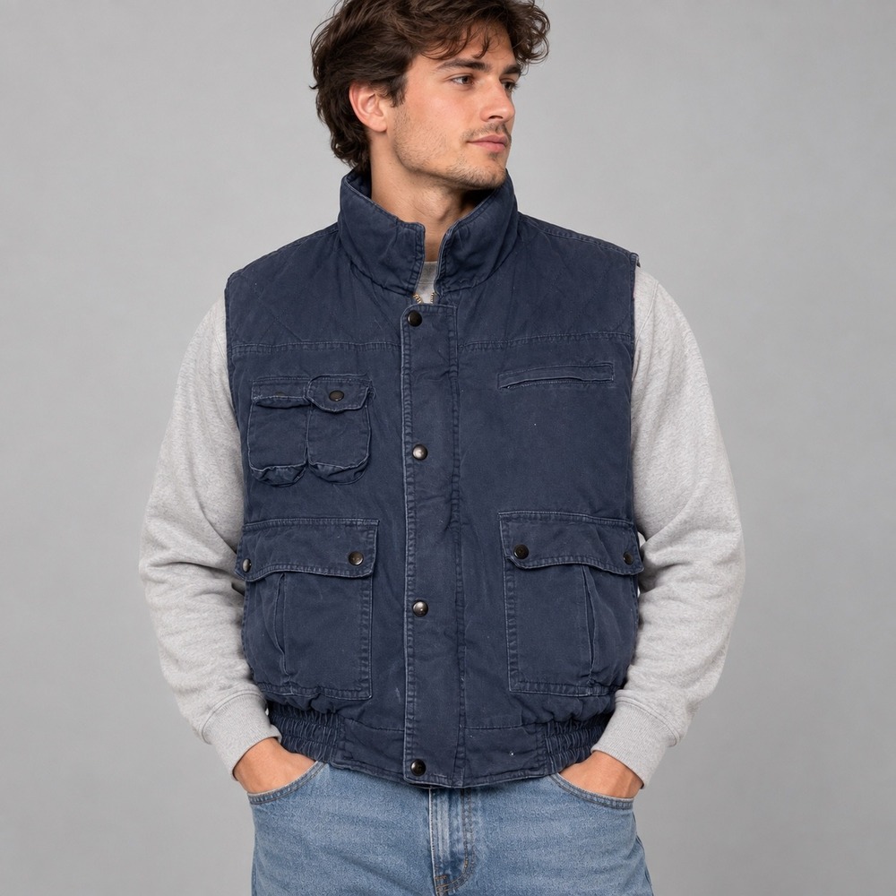 Vintage 90s Windbreaker Vest Mens XL Blue Plaid Lined Utility Cargo Snap Front